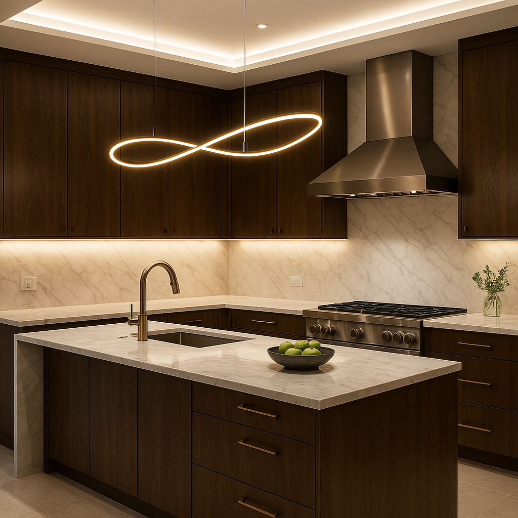 Modern kitchen with LED lighting and remodeled finishes wired by Prevolt Electric.