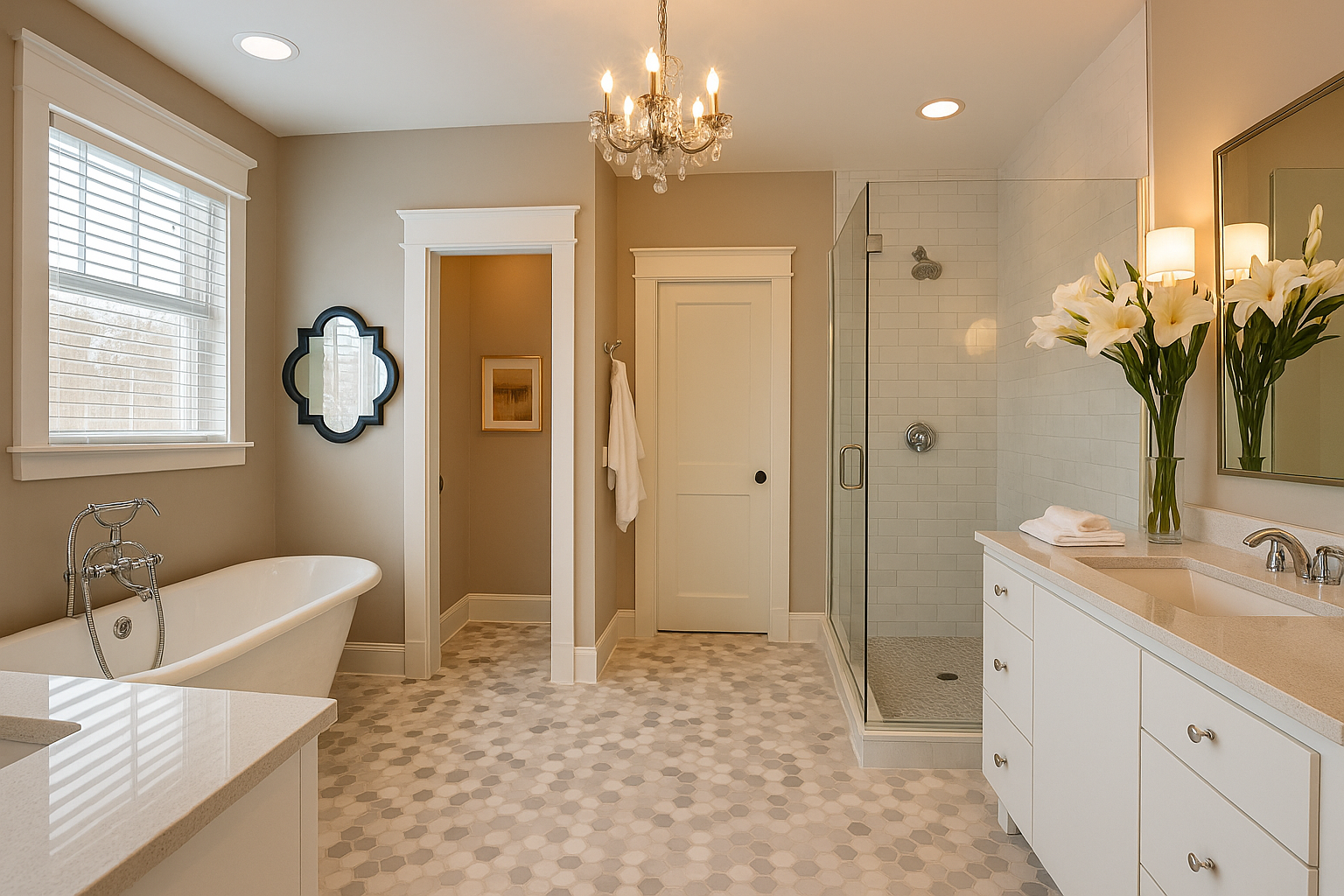 Modern bathroom with chandelier, recessed lighting, and elegant fixtures professionally wired by Prevolt Electric in Connecticut.