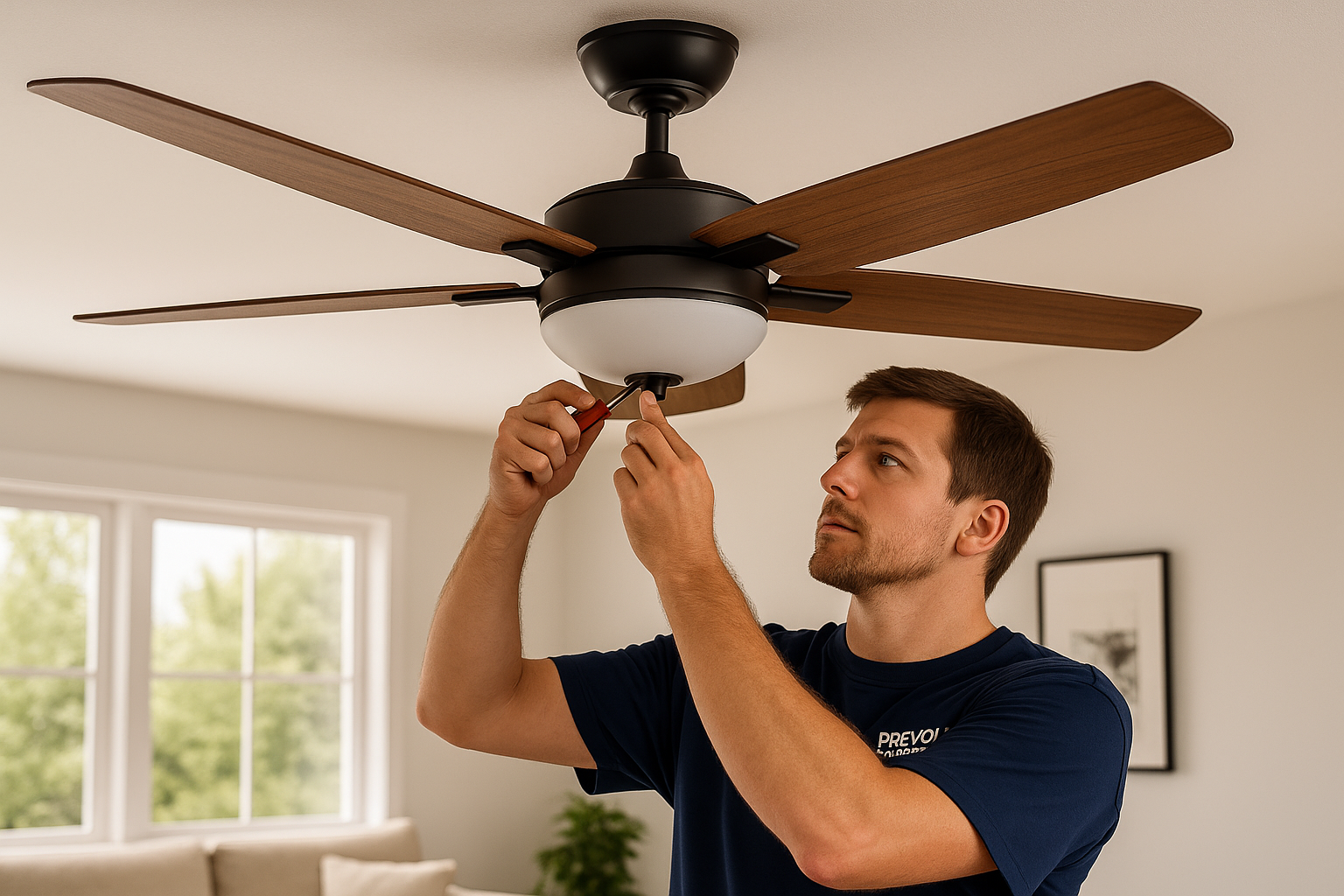 Prevolt Electric technician installing a modern ceiling fan in a Connecticut home with clean, code-compliant wiring.