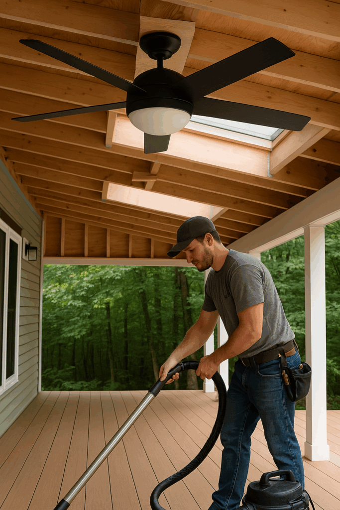 Prevolt Electric technician testing and balancing a new ceiling fan installation before final cleanup.