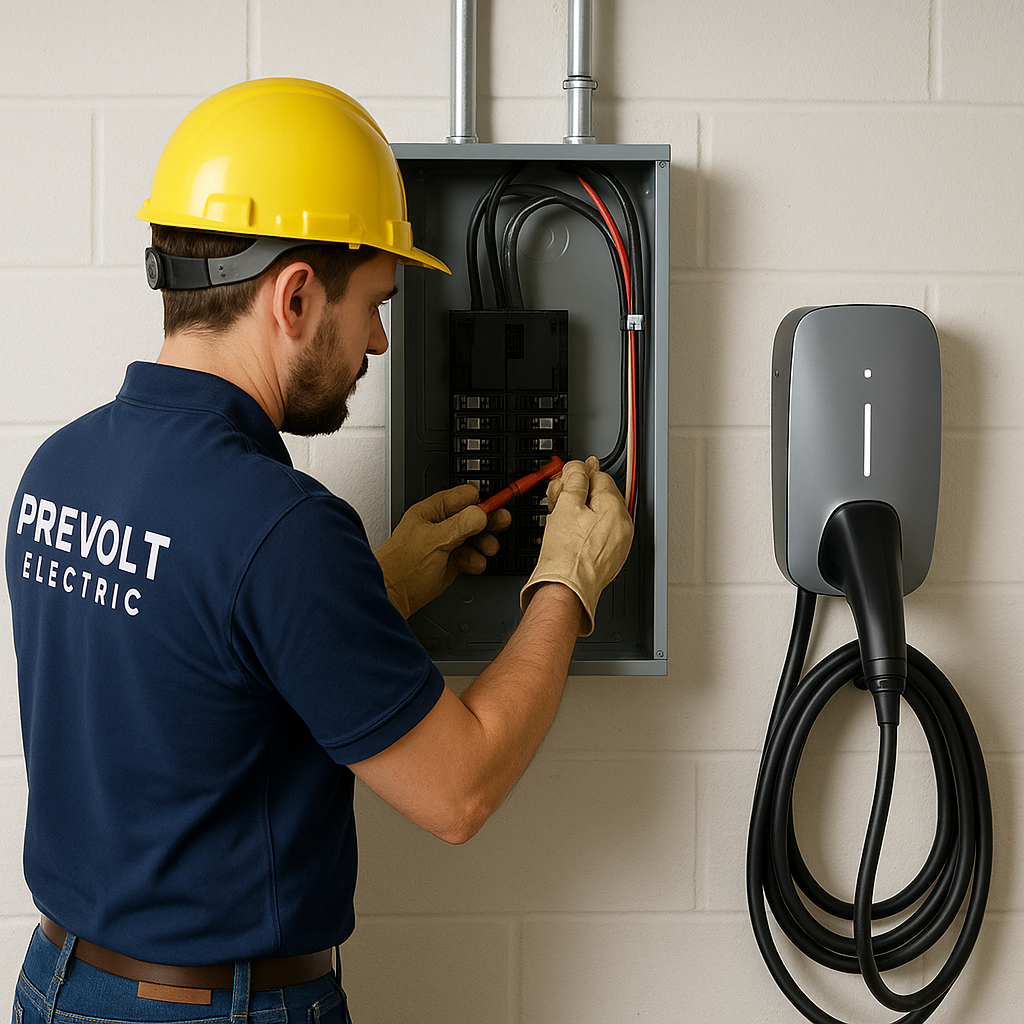 Licensed electrician from Prevolt Electric upgrading a 200-amp electrical panel in Connecticut garage with a newly installed Level 2 EV charger and neatly routed conduit.