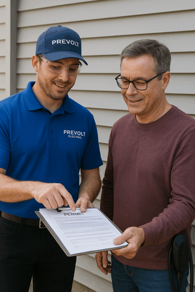 Prevolt Electric electrician reviewing EV charger permit and inspection documents with a homeowner in Connecticut.