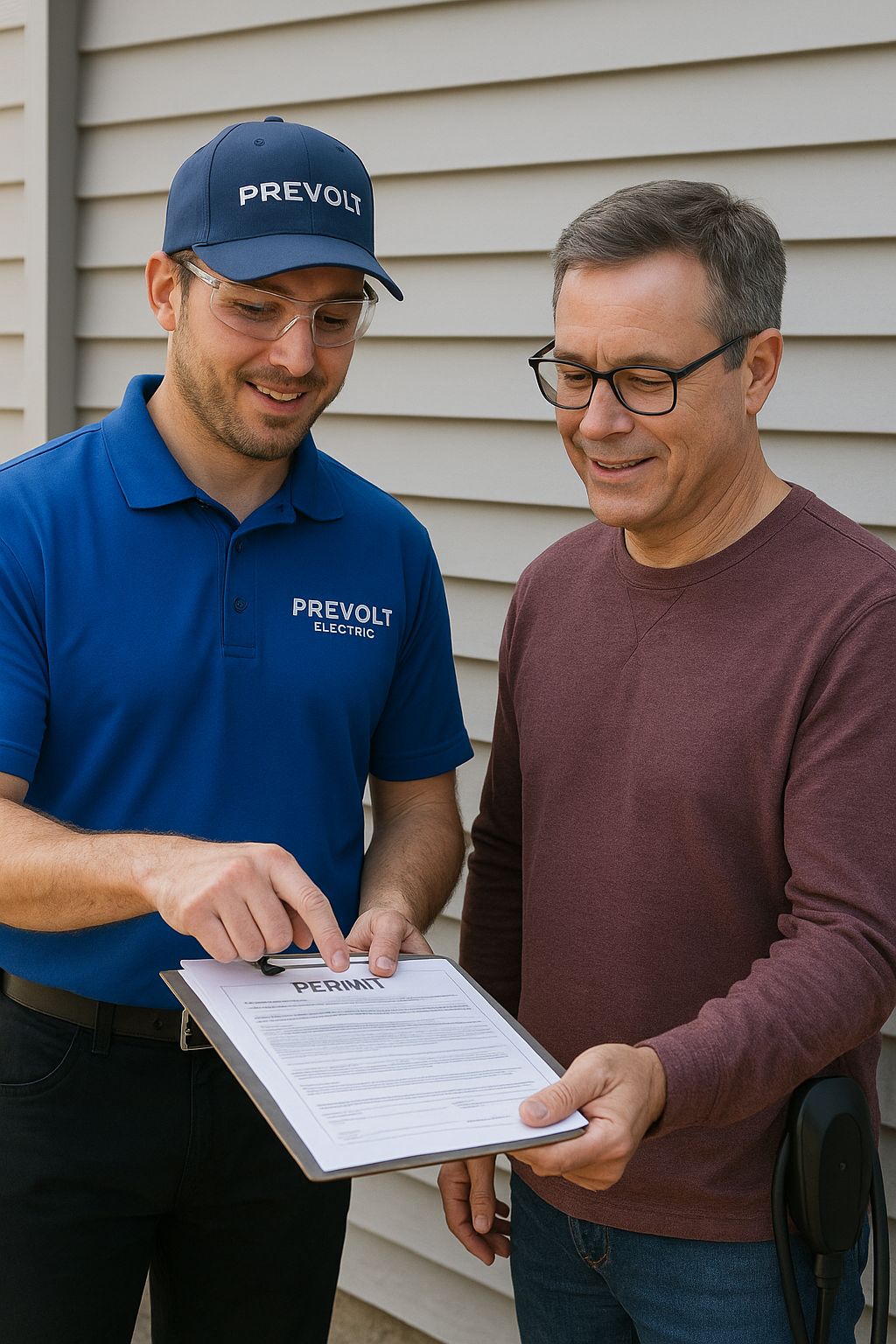 Licensed electrician from Prevolt Electric reviewing EV charger permit and inspection documents with a homeowner in Connecticut beside an installed charging station.