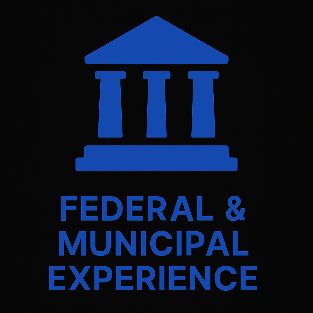 Federal and municipal electrical contractor icon for Prevolt Electric – blue government building with lightning bolt on black background