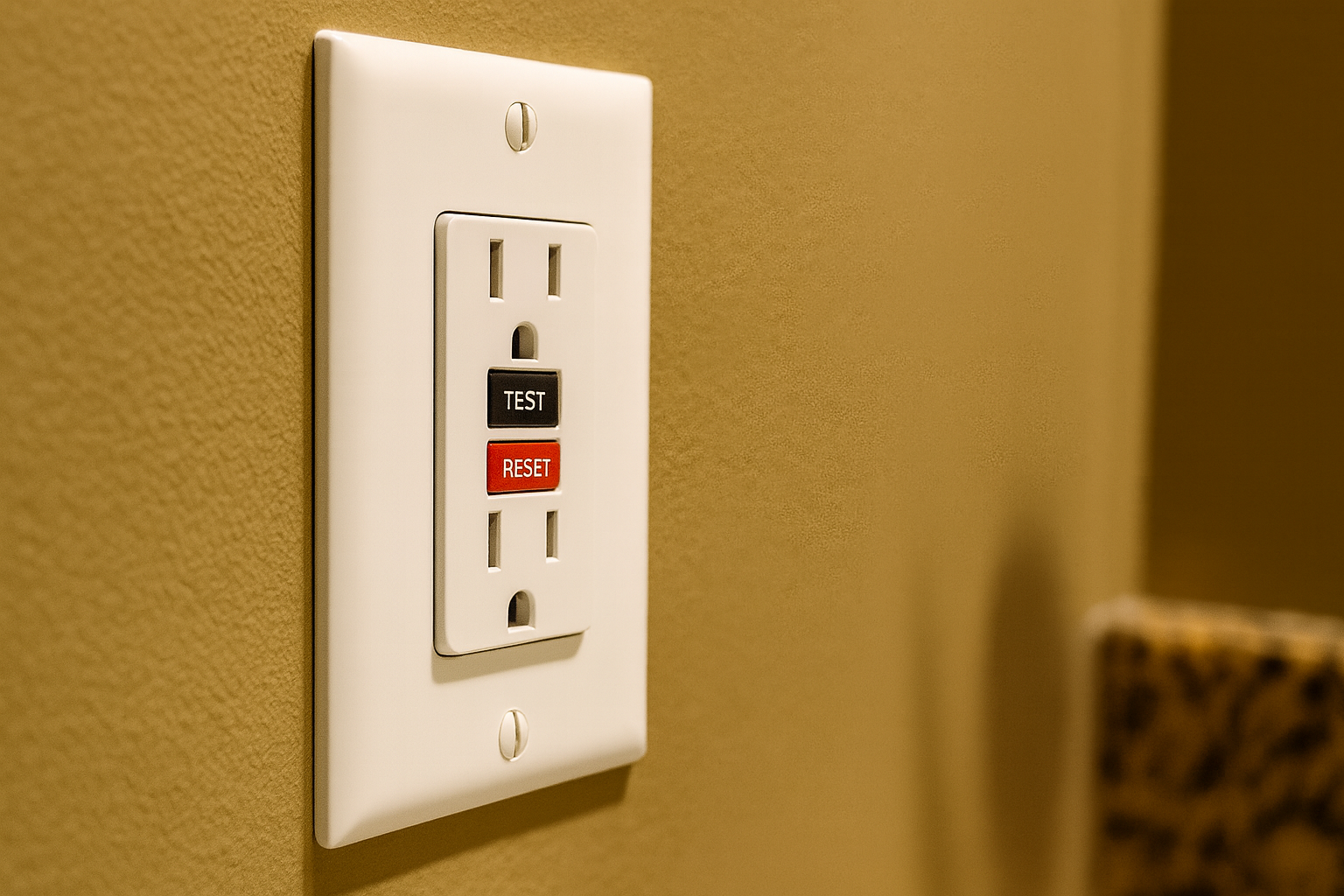 Close-up of a GFCI electrical outlet with reset and test buttons, properly installed by Prevolt Electric for bathroom safety in Connecticut.