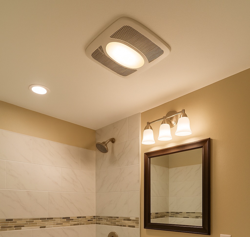 Elegant modern bathroom with ceiling-mounted exhaust fan and light installed by Prevolt Electric in Connecticut and Massachusetts.