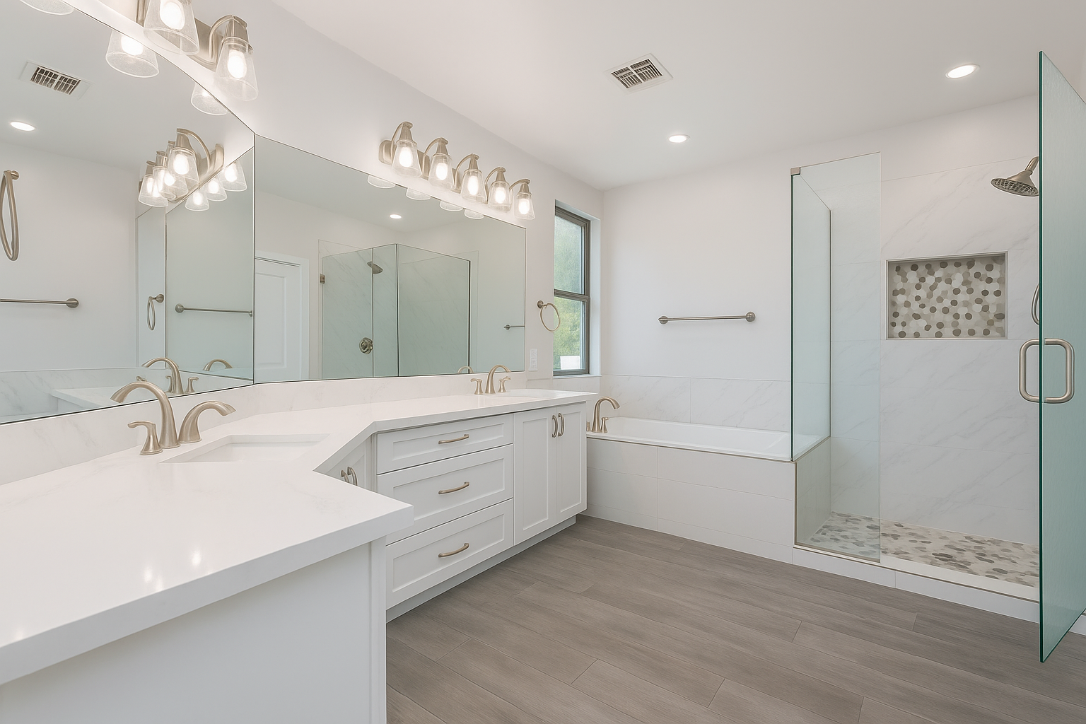 Modern luxury bathroom with double vanity lights, marble countertops, and glass shower enclosure — installed and wired by Prevolt Electric in Connecticut and Massachusetts.