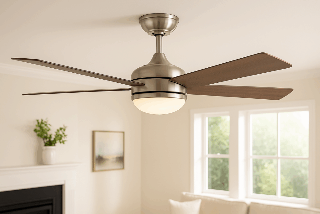Close-up view of a modern brushed nickel ceiling fan installed by Prevolt Electric in a bright Connecticut living room, designed for quiet, energy-efficient airflow.