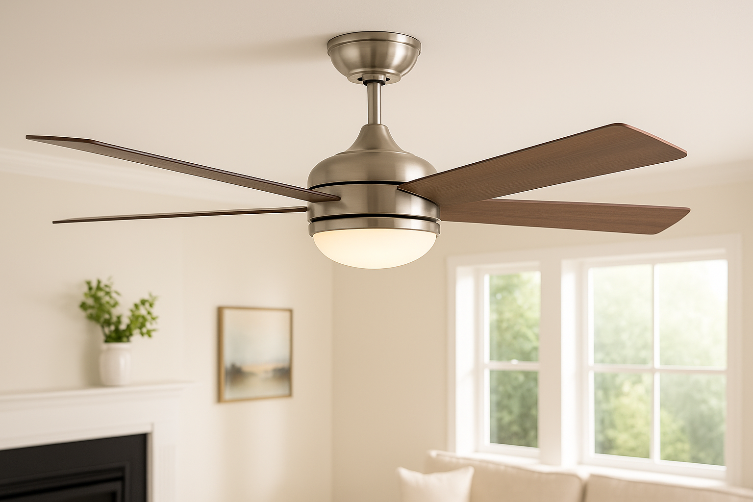 Close-up view of a modern brushed nickel ceiling fan installed by Prevolt Electric in a bright Connecticut living room, designed for quiet, energy-efficient airflow.