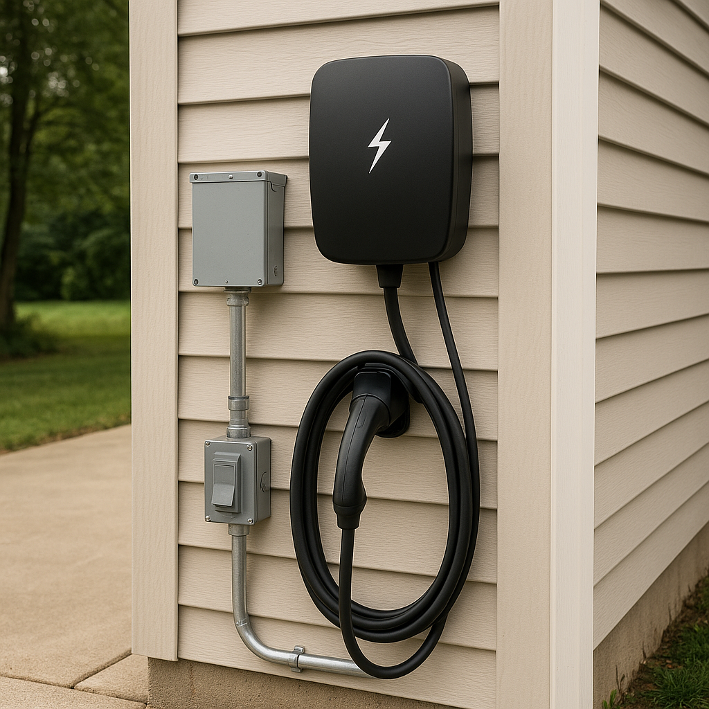 Outdoor EV charger installed by a licensed electrician from Prevolt Electric in a Connecticut driveway with weatherproof conduit, GFCI protection, and sealed junction boxes.