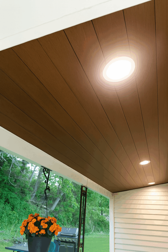 Outdoor patio ceiling with recessed LED lights installed by Prevolt Electric, featuring a clean wood finish and hanging flower basket — expert exterior lighting installation in Connecticut and Massachusetts.