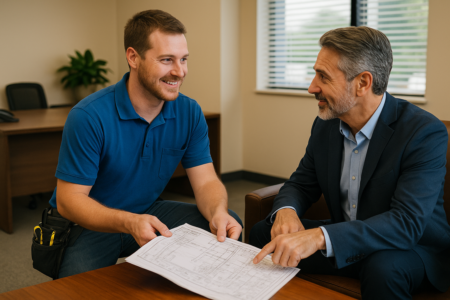 Licensed electrician from Prevolt Electric meeting with a business owner in Connecticut to review electrical plans and estimate project scope.