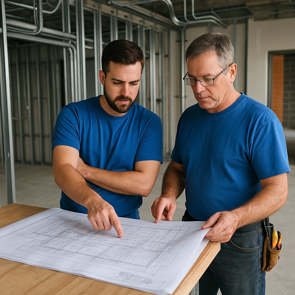 Licensed commercial electricians from Prevolt Electric reviewing electrical plans inside a business facility.