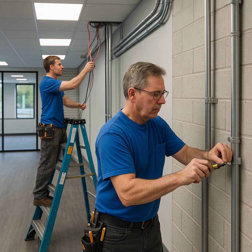 Prevolt Electric commercial electricians wiring a Connecticut office facility for lighting and power systems with EMT conduit and natural light.