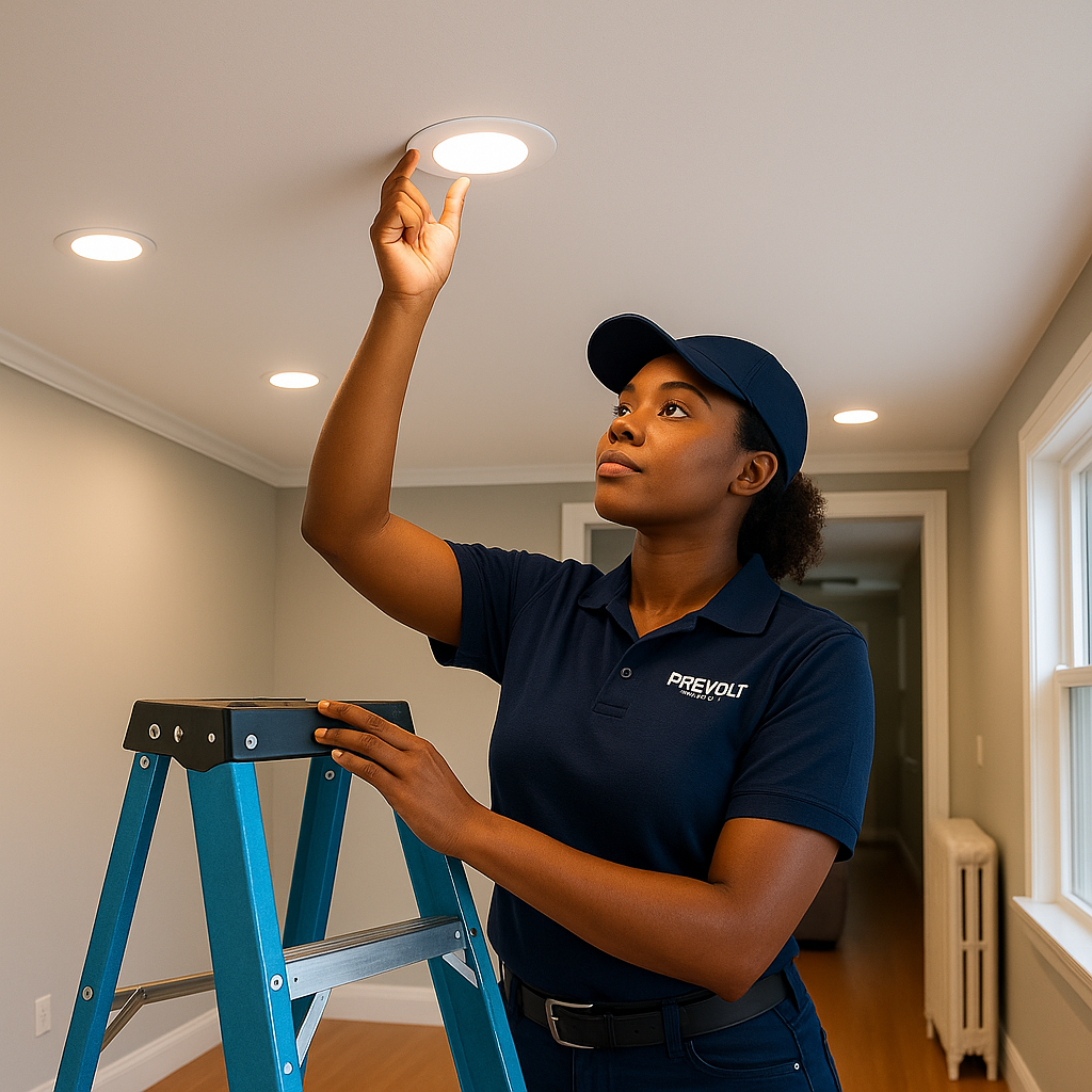 Prevolt Electric female technician standing on a ladder installing a recessed LED light in a white ceiling of a modern home — expert recessed lighting installation in Connecticut and Massachusetts.