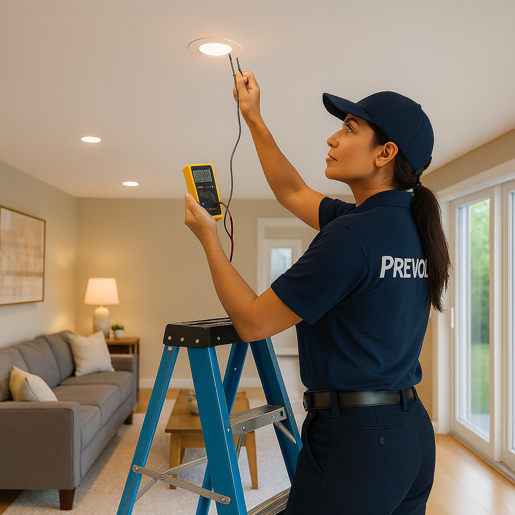 Prevolt Electric female technician standing on a ladder testing recessed LED ceiling lights with a multimeter in a modern Connecticut home — professional recessed lighting installation and testing.