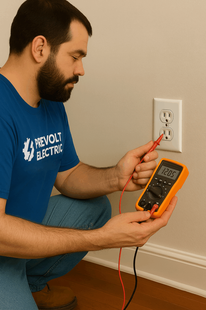 Prevolt Electric master electrician wearing “Energize Your Dream” shirt inspecting outlet grounding with digital multimeter reading 120.5V – Connecticut & Massachusetts licensed electrician