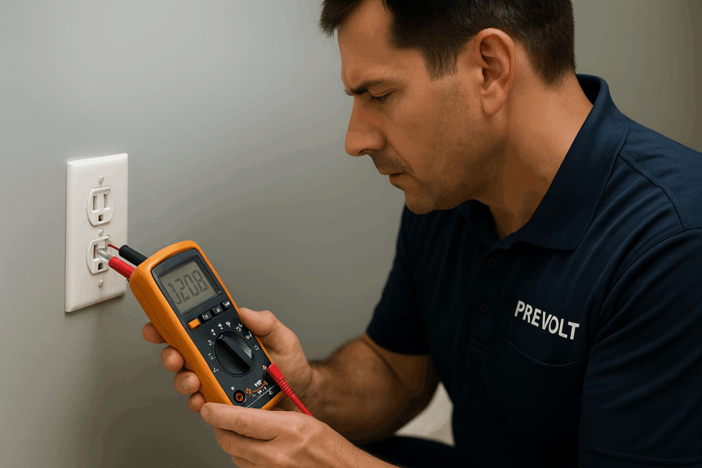 Prevolt Electric master electrician verifying outlet grounding compliance using digital multimeter reading 121.0 volts – Connecticut & Massachusetts electrical safety inspection
