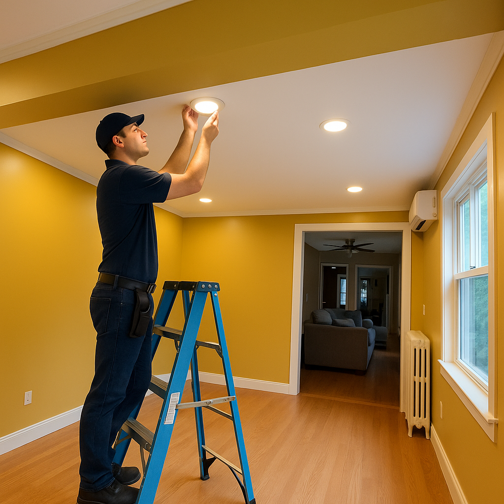 Licensed Prevolt Electric technician installing recessed ceiling lights on a ladder in a freshly finished yellow room — professional recessed lighting installation in Connecticut and Massachusetts.