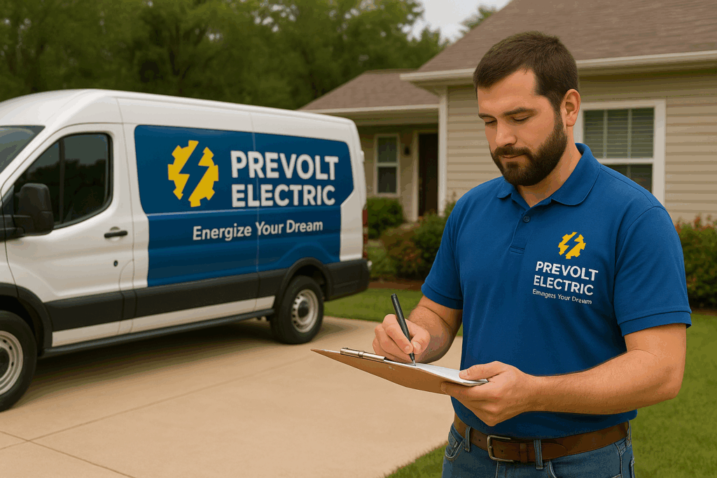 Prevolt Electric technician completing final electrical inspection paperwork beside branded service van at residential job site – Connecticut & Massachusetts licensed electrician