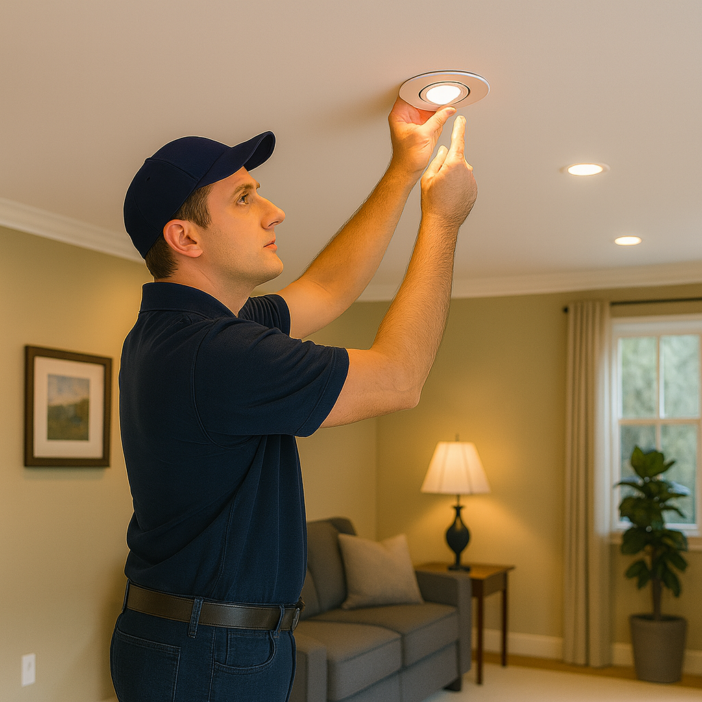 Prevolt Electric technician in a blue uniform adjusting a recessed gimbal light in a modern beige living room with soft accent lighting — professional recessed lighting installation in Connecticut and Massachusetts.