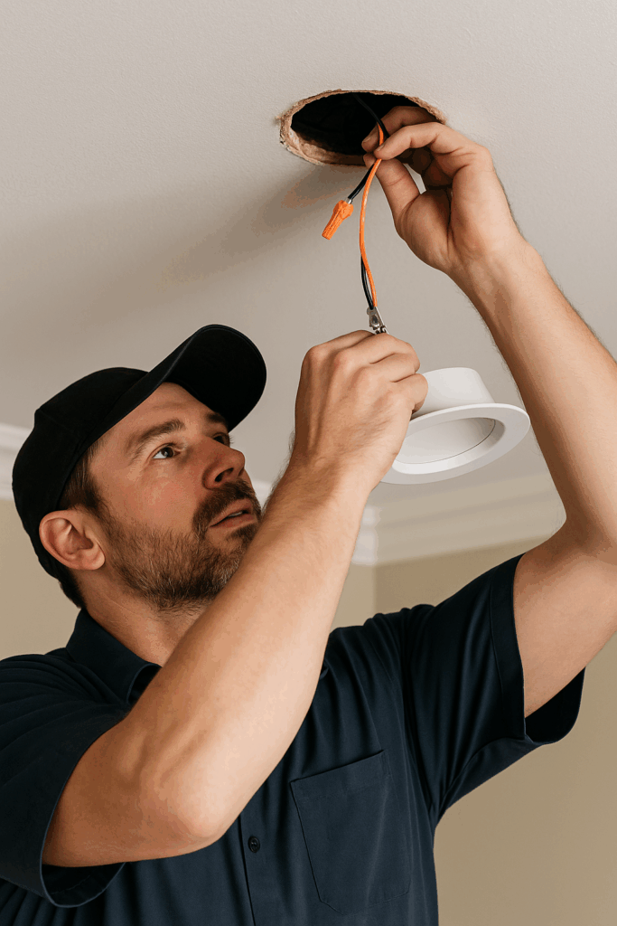 Prevolt Electric technician in a navy blue shirt connecting LED recessed can light wiring inside a realistic ceiling access hole during professional lighting installation in Connecticut.