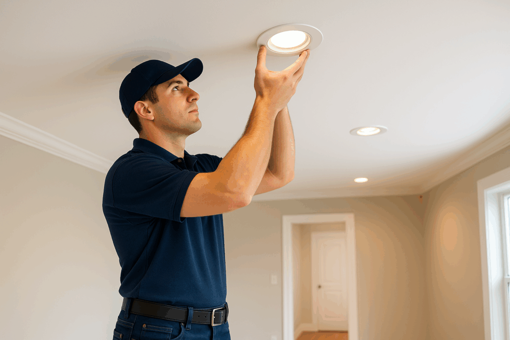 Prevolt Electric technician in a blue uniform installing a modern LED recessed light in a white ceiling — professional recessed lighting installation in Connecticut and Massachusetts.