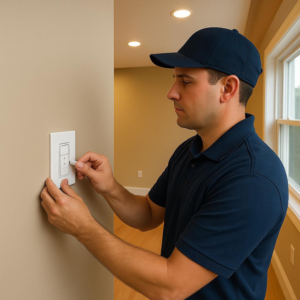 Prevolt Electric technician in blue uniform installing a smart dimmer switch on a beige wall in a modern residential room with recessed lighting.