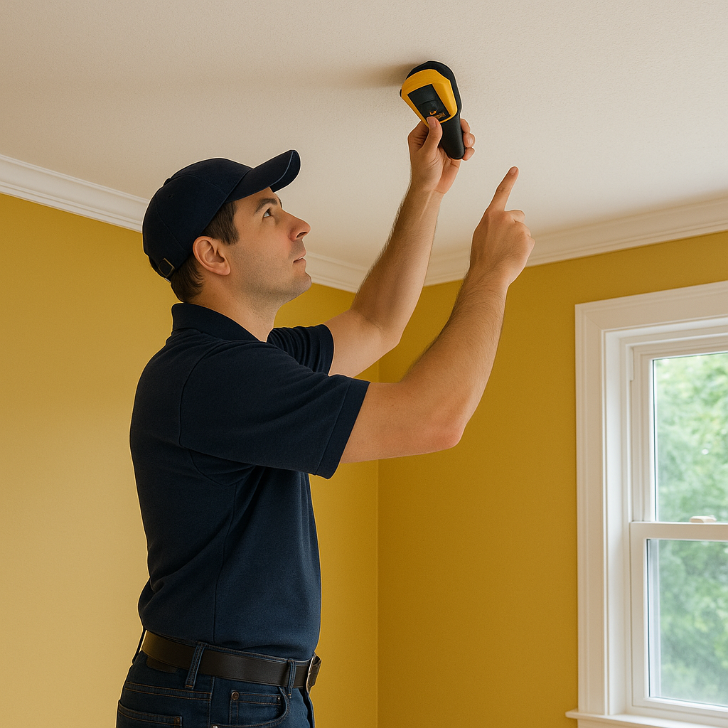 Prevolt Electric technician in a blue shirt using a tool to plan and mark ceiling layout points for recessed lighting during an in-home electrical evaluation in Connecticut.