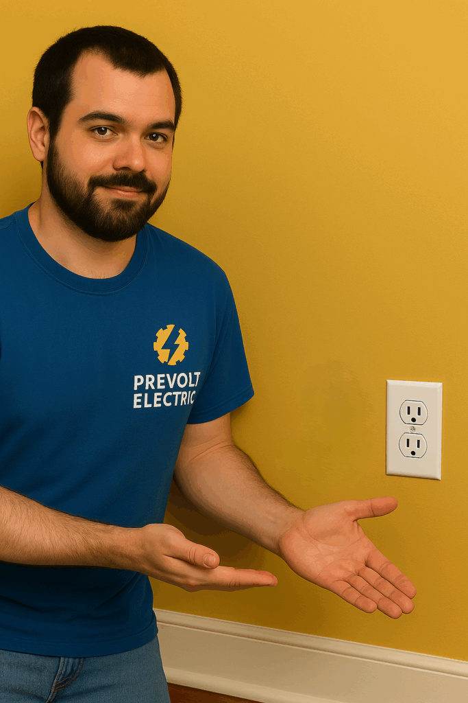 Prevolt Electric technician showing difference between ungrounded two-prong outlet and grounded three-prong outlet – electrical safety and code upgrade in Connecticut and Massachusetts