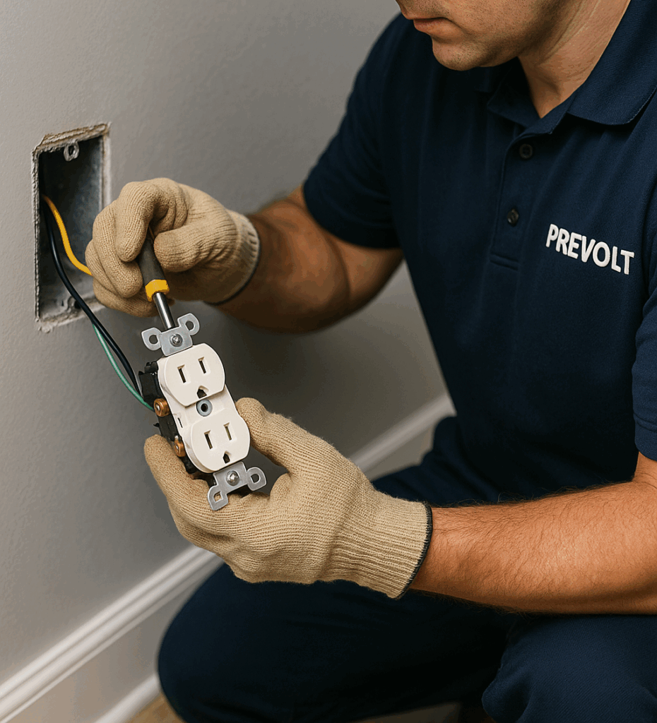Licensed Prevolt Electric technician installing grounded receptacle and bonding conductor – electrical safety and code compliance in Connecticut and Massachusetts