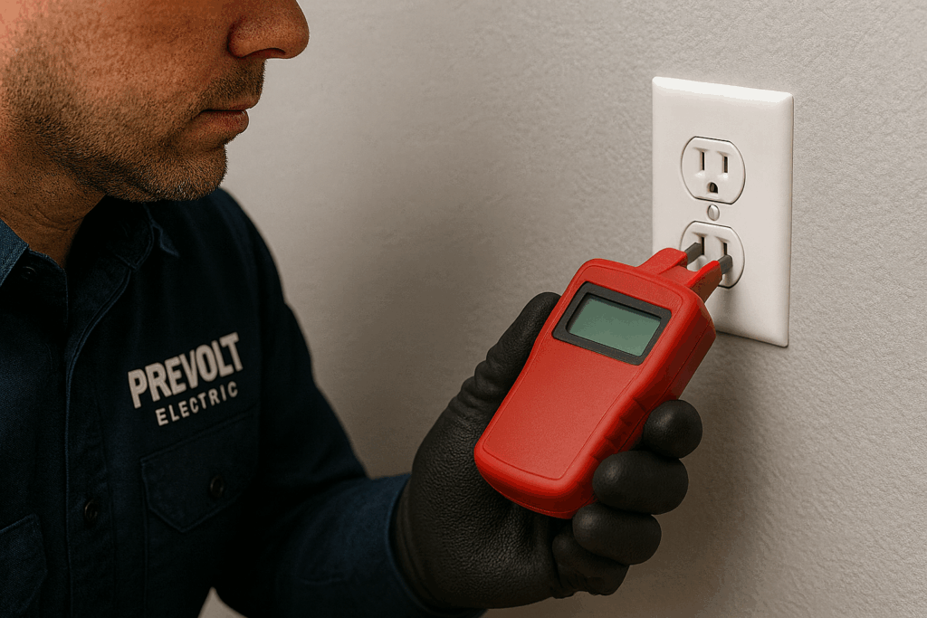 Prevolt Electric technician testing outlet grounding with digital circuit analyzer during electrical inspection – Connecticut & Massachusetts licensed electricians