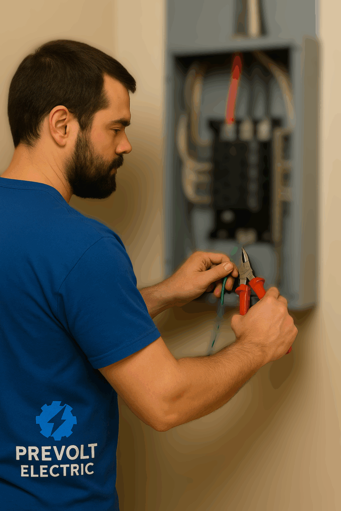Prevolt Electric technician performing electrical bonding on a service panel – licensed electrician ensuring proper grounding and NEC compliance in Connecticut and Massachusetts