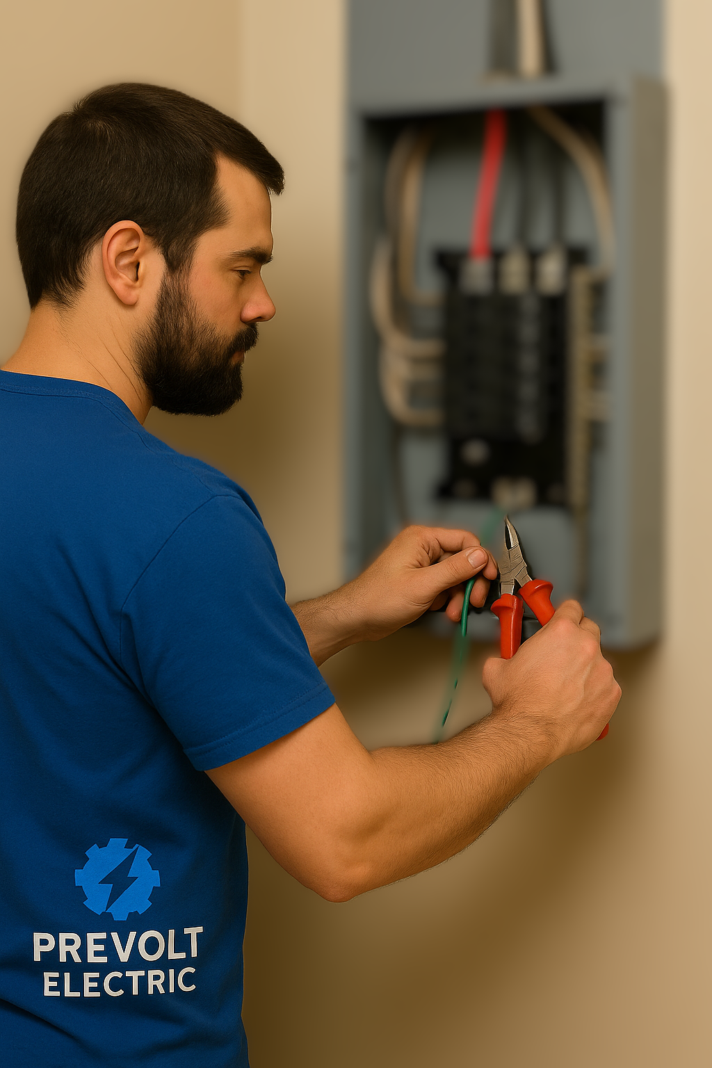 Prevolt Electric technician performing bonding work on a service panel during a code-compliant upgrade.