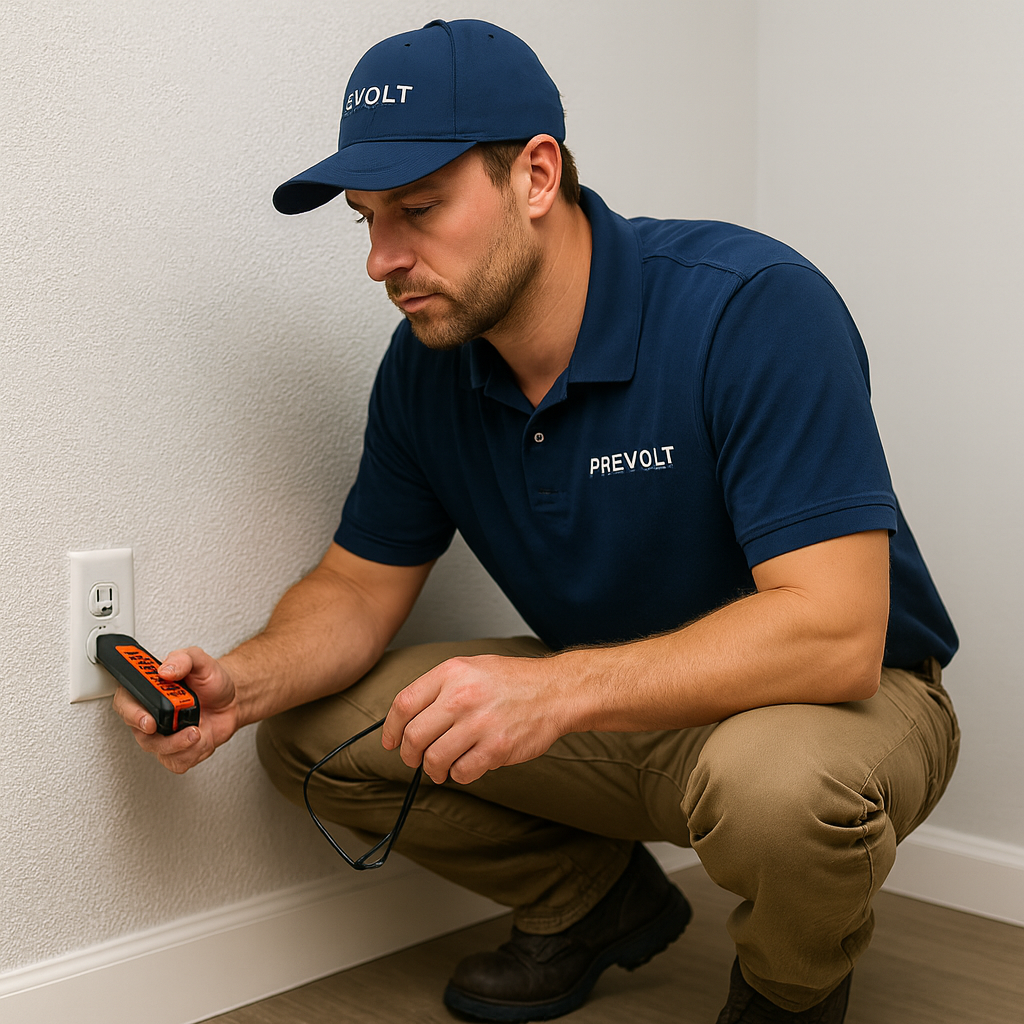 Licensed Prevolt Electric technician crouched beside wall outlet using plug-in circuit tester with LED indicators to verify grounding – Connecticut & Massachusetts electrical safety inspection
