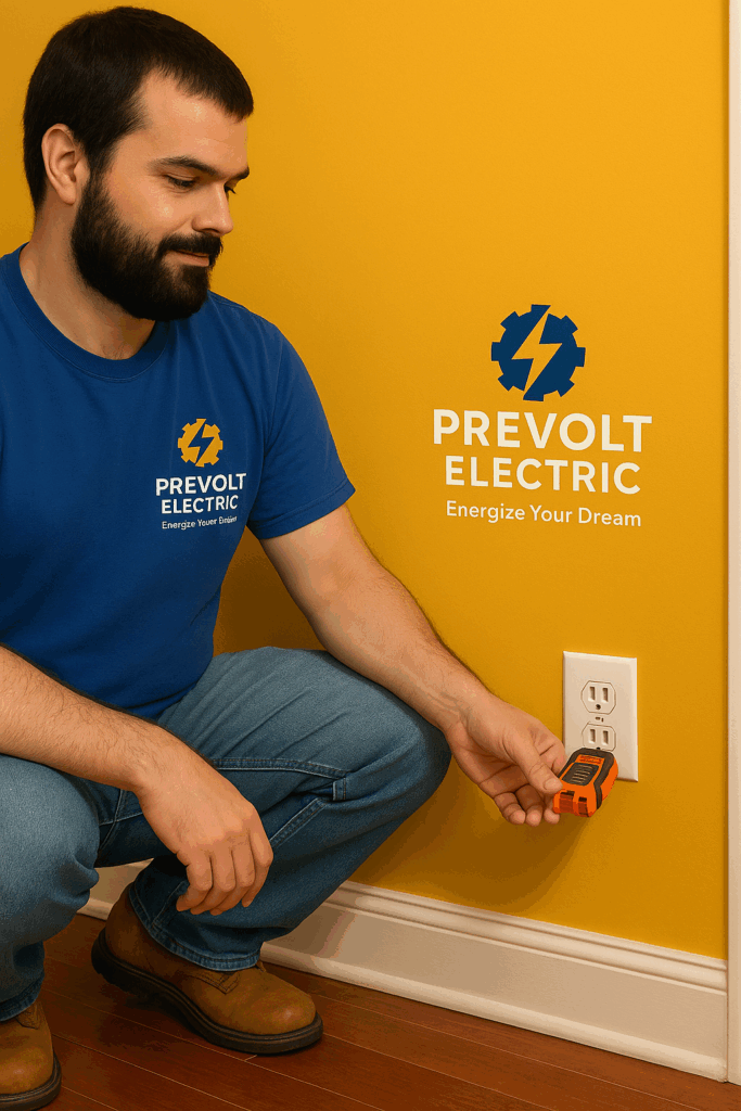 Prevolt Electric technician testing a grounded outlet using a circuit analyzer – licensed electrician in Connecticut and Massachusetts ensuring electrical safety and code compliance