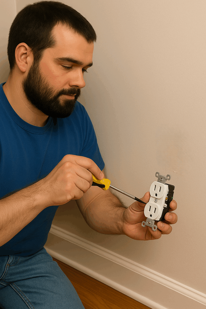 Licensed Prevolt Electric technician upgrading two-prong electrical outlets to grounded three-prong receptacles – electrical safety upgrade in Connecticut and Massachusetts