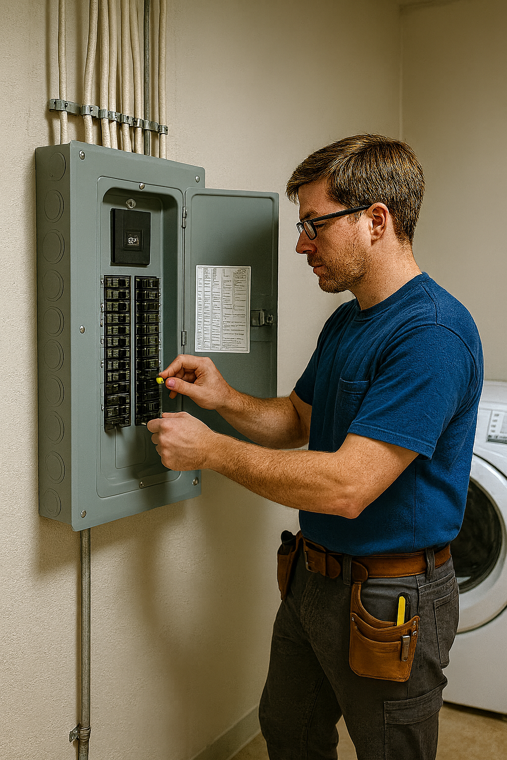 Prevolt Electric residential electrician inspecting a main electrical panel in a Connecticut home.