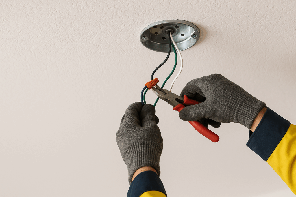 Licensed Prevolt Electric technician safely preparing ceiling fan wiring in a modern home using insulated tools and proper electrical safety procedures.
