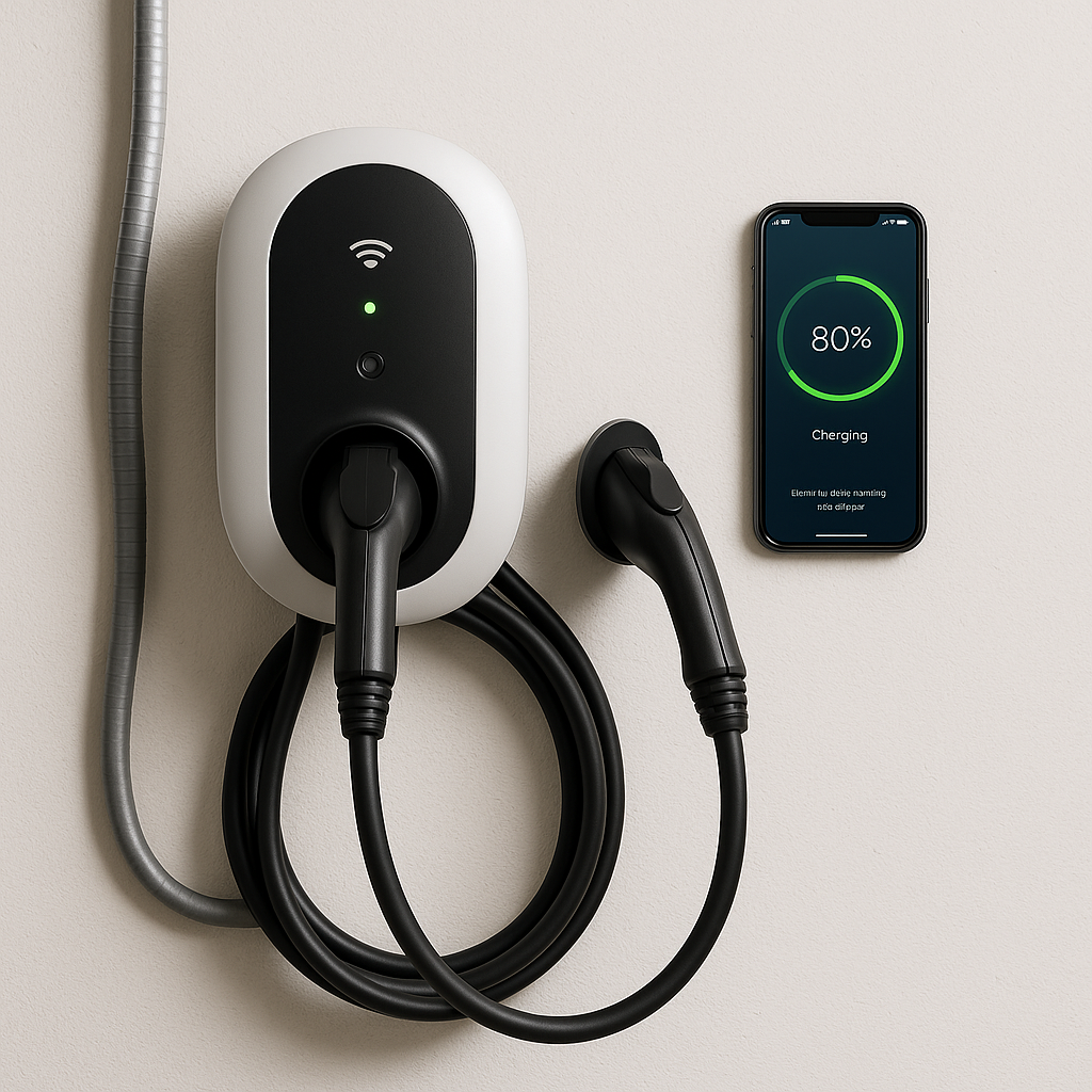Smart EV charger installation by Prevolt Electric with Wi-Fi connectivity and app-based monitoring.