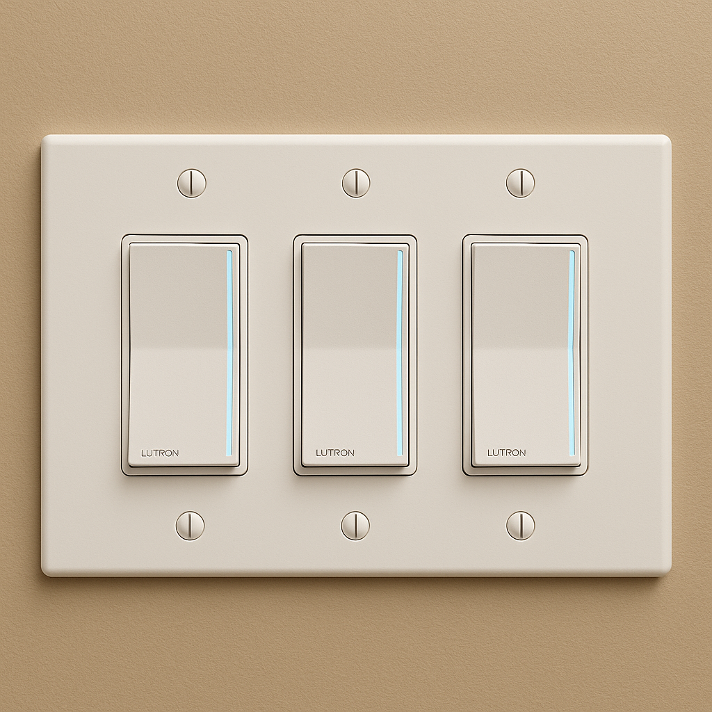 Modern Lutron smart light switches installed by Prevolt Electric in Connecticut and Massachusetts bathrooms for energy-efficient lighting control.