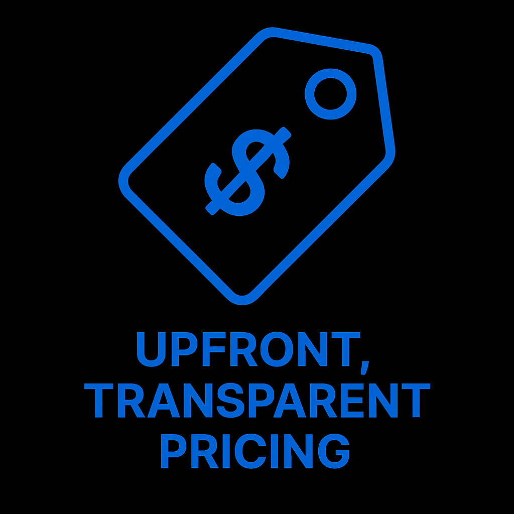Upfront transparent pricing icon for Prevolt Electric – blue dollar sign and document design on black background.