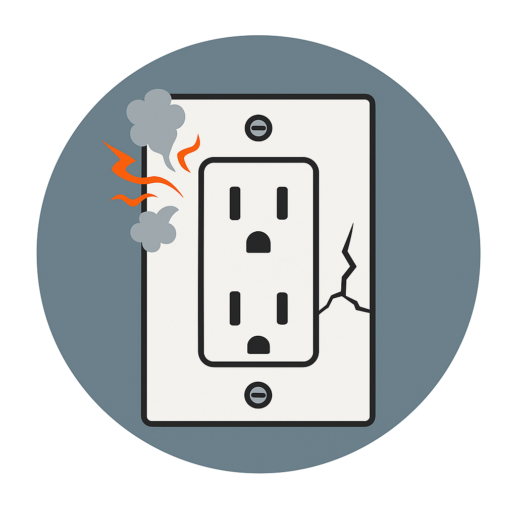 Vector icon of a cracked and smoking electrical outlet representing damaged or loose electrical connections repaired by Prevolt Electric.