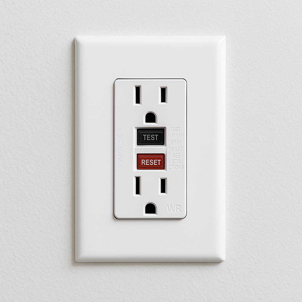 Close-up of a GFCI outlet installed by Prevolt Electric in a modern Connecticut kitchen backsplash. White GFCI outlet with test and reset buttons installed to code.