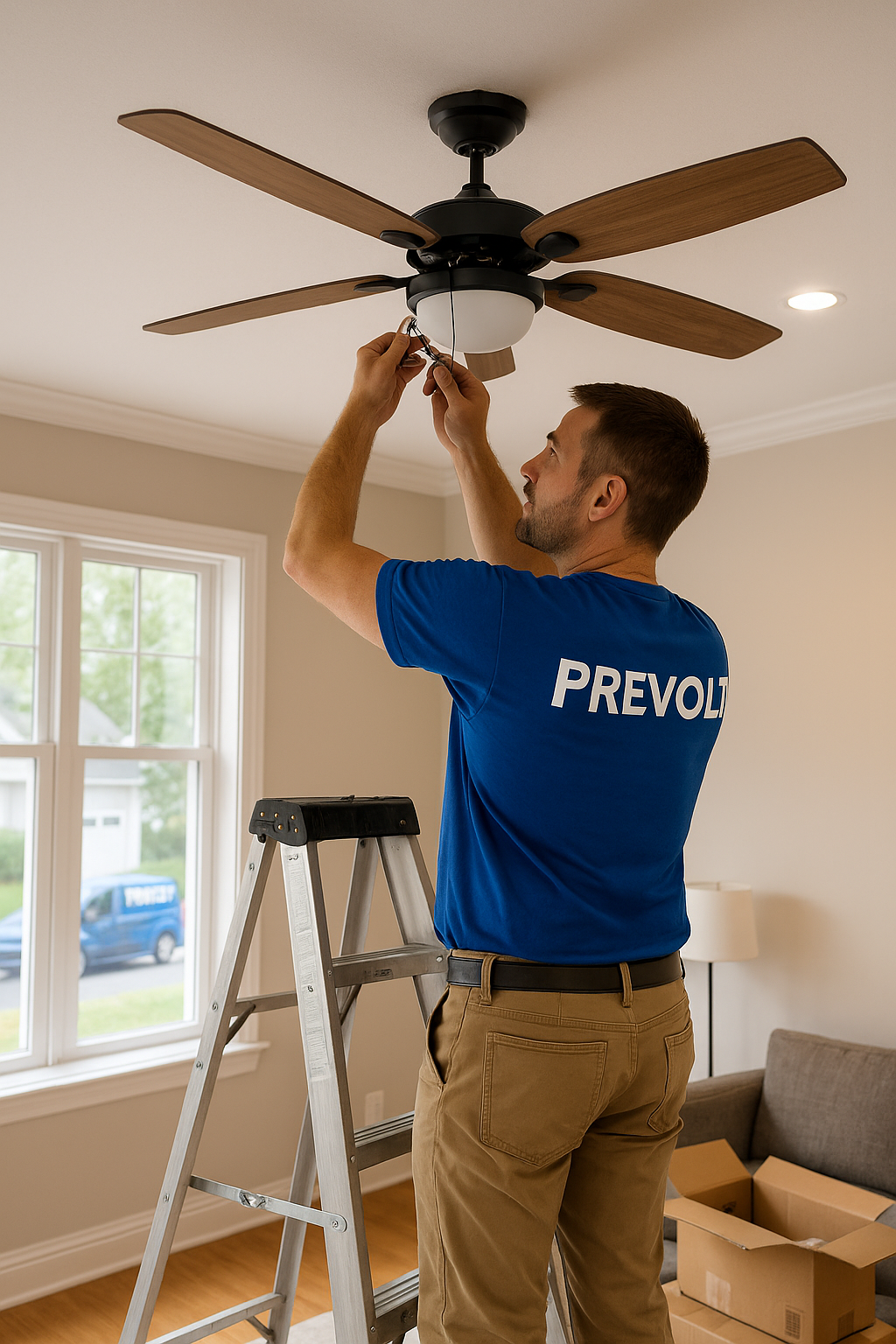 Prevolt Electric technician in a blue Prevolt shirt installing a new matte black ceiling fan with walnut blades in a bright Connecticut living room.