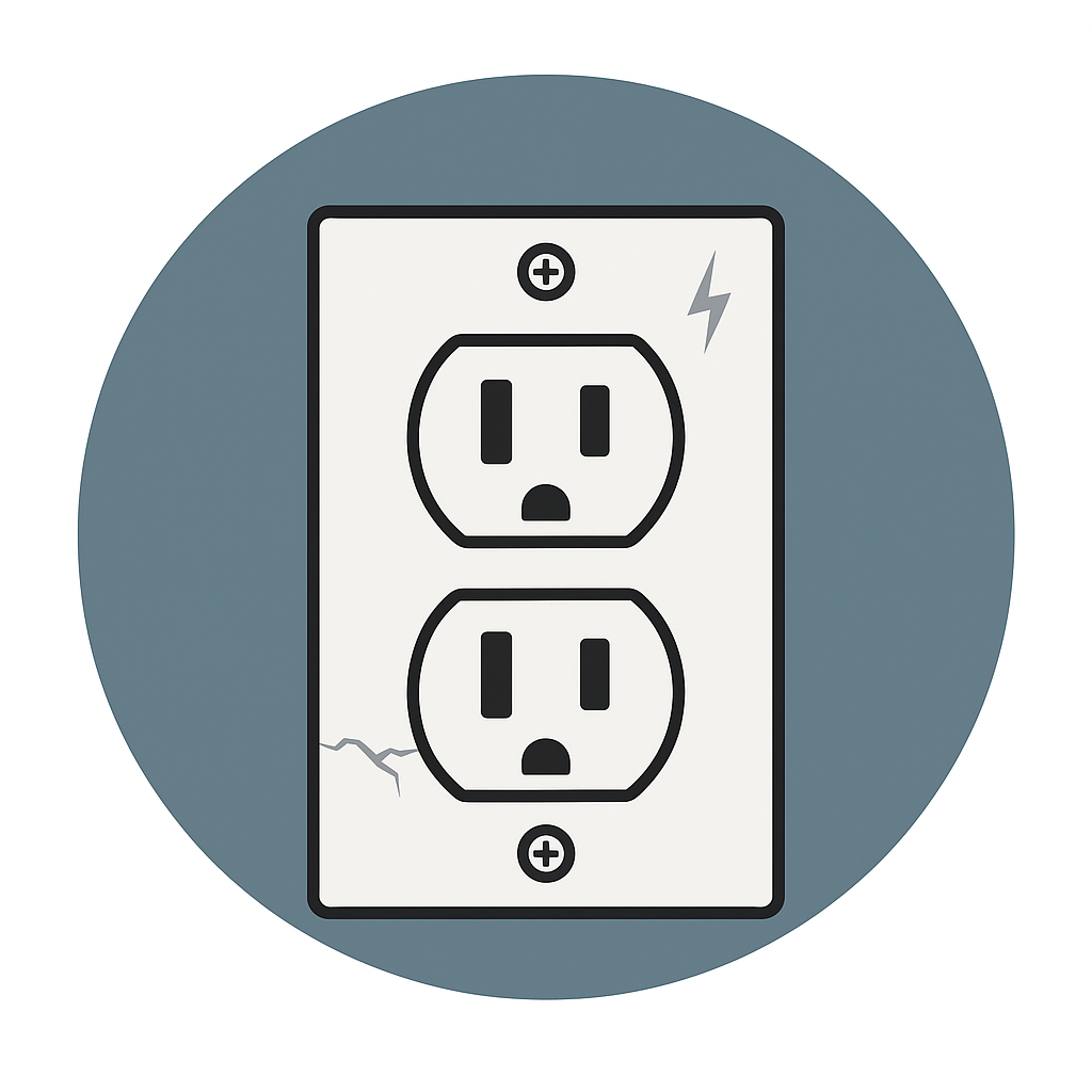 Vector icon of outdated two-prong electrical outlet with warning indicator, representing ungrounded or unsafe outlets upgraded by Prevolt Electric.