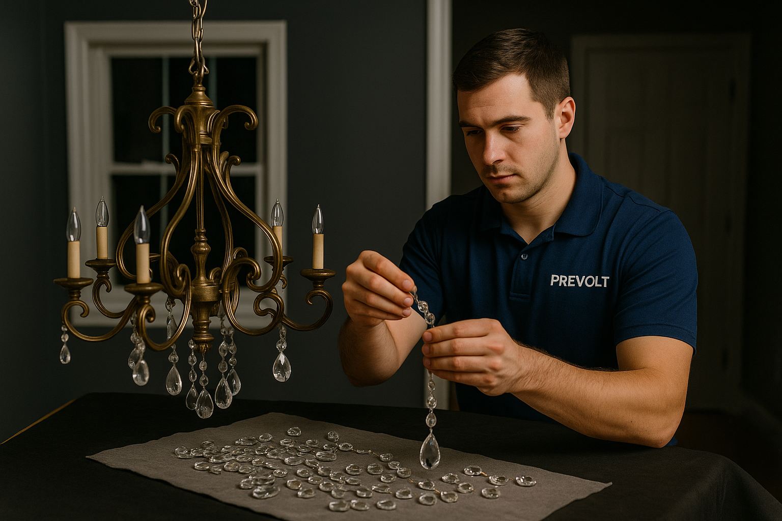 Prevolt Electric assembling a chandelier and pendant lights before installation.