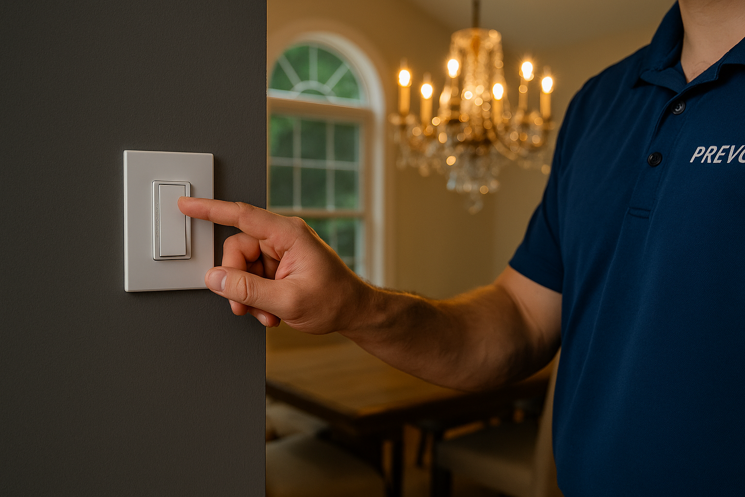 Prevolt Electric technician installing a wall dimmer switch for a chandelier in a modern dining room. The Prevolt Blue shirt identifies the licensed electrician as they complete safe, code-compliant dimmer wiring for smart lighting control.
