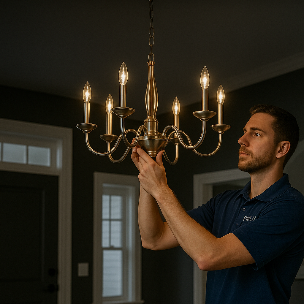 Prevolt Electric technician in a Prevolt Blue shirt making final adjustments to a chandelier in a modern living room. Warm lighting highlights the newly installed fixture, showcasing safe, professional chandelier installation across Connecticut and Massachusetts.