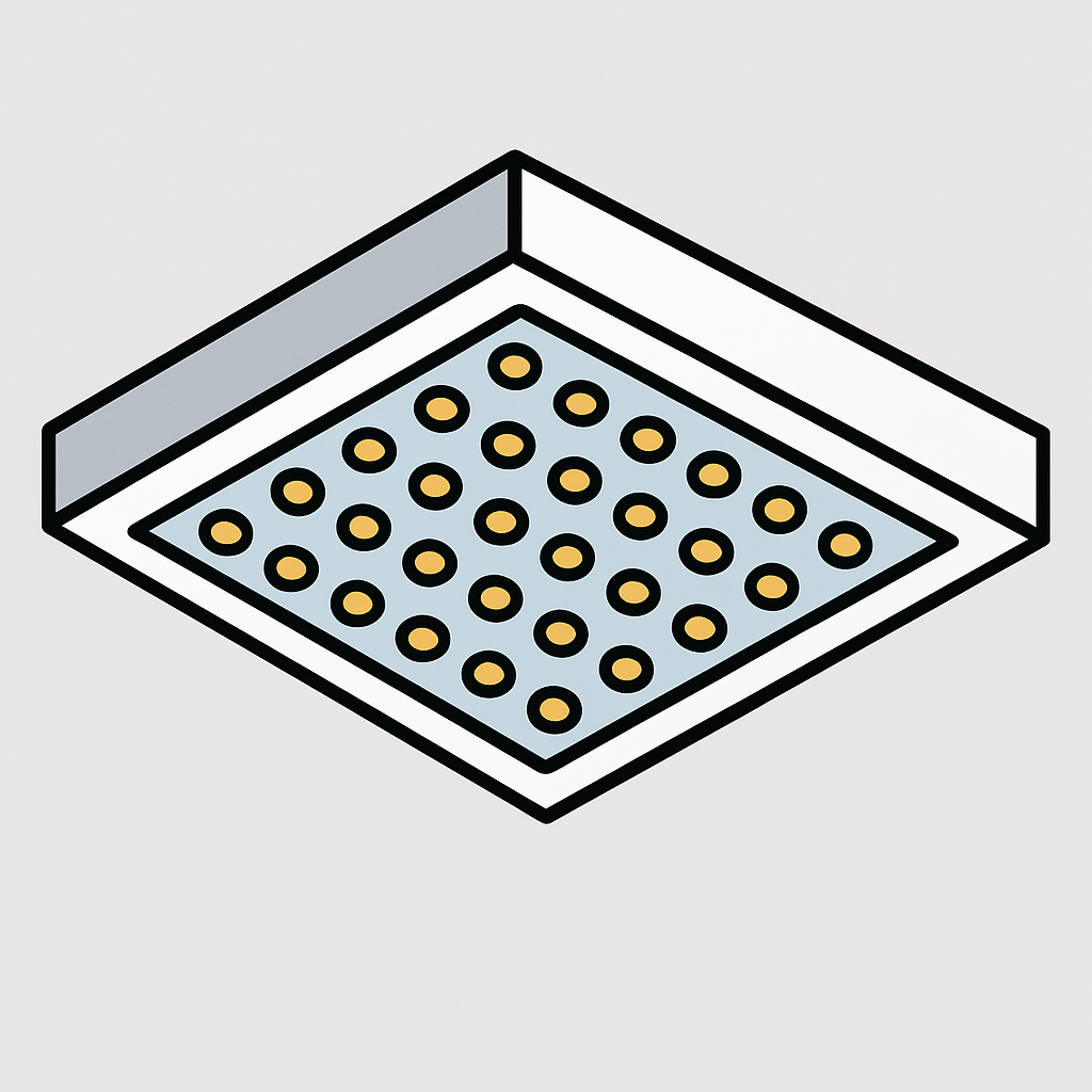 LED classroom lighting icon in Prevolt Blue representing energy-efficient lighting upgrades for schools.